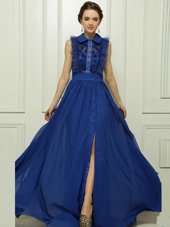 With Train Blue Prom Dress High-neck Sleeveless Brush Train Zipper