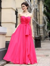 Custom Design Hot Pink Column/Sheath Chiffon Sweetheart Sleeveless Sashes|ribbons and Ruching and Hand Made Flower Floor Length Zipper Evening Dress