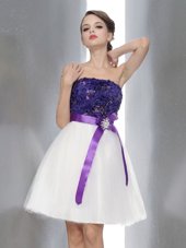 Dazzling White And Purple Zipper Strapless Beading and Sashes|ribbons Party Dresses Chiffon Sleeveless