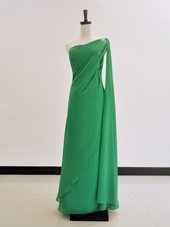 One Shoulder Floor Length Green Evening Dress Chiffon Long Sleeves Ruching