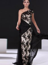 Spectacular One Shoulder With Train Side Zipper Dress for Prom Black and In for Prom and Party with Lace Brush Train