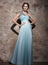 Chiffon One Shoulder Sleeveless Side Zipper Beading and Ruching Prom Gown in Light Blue