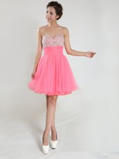 Pink A-line Sweetheart Sleeveless Chiffon Knee Length Lace Up Beading Cocktail Dresses