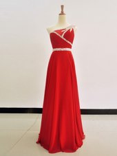 Chiffon One Shoulder Sleeveless Zipper Beading Prom Dress in Red