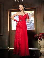 Sleeveless Floor Length Beading and Ruching Lace Up Dress for Prom with Red