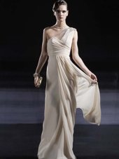 One Shoulder Champagne Sleeveless Floor Length Ruching Criss Cross Evening Dress