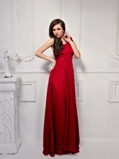 One Shoulder Sleeveless Floor Length Ruching and Hand Made Flower Side Zipper with Wine Red