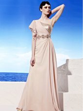 One Shoulder Peach Chiffon Side Zipper Evening Dress Sleeveless Floor Length Sequins and Ruching