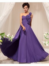 One Shoulder Floor Length Side Zipper Evening Dress Purple and In for Prom and Party with Hand Made Flower