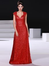 Sequins V-neck Sleeveless Zipper Evening Dress Red Sequined