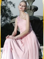 Popular Baby Pink Dress for Prom Prom and Party and For with Ruching and Hand Made Flower One Shoulder Sleeveless Side Zipper