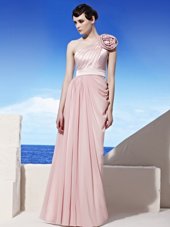 Beauteous One Shoulder Sleeveless Chiffon Floor Length Side Zipper in Pink for with Ruching and Hand Made Flower