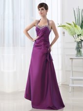 Floor Length Purple Dress for Prom Halter Top Sleeveless Lace Up