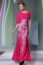 Mermaid Scoop Sleeveless Tulle Floor Length Zipper Prom Evening Gown in Hot Pink for with Beading