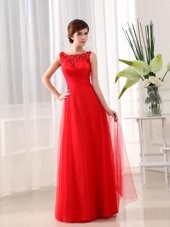 Coral Red Empire Scoop Sleeveless Tulle Floor Length Zipper Beading and Appliques Prom Gown