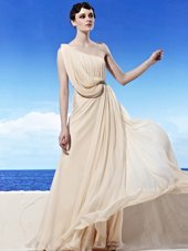 Champagne One Shoulder Neckline Beading and Ruching Evening Dress Sleeveless Side Zipper