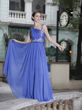 On Sale Chiffon One Shoulder Sleeveless Side Zipper Hand Made Flower Dress for Prom in Blue