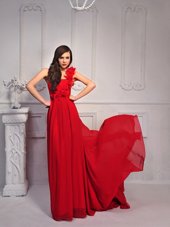 Trendy Red One Shoulder Lace Up Hand Made Flower Evening Dress Court Train Sleeveless