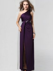 One Shoulder Elastic Woven Satin Sleeveless Floor Length Prom Dress and Beading