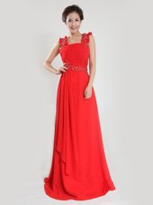 Custom Design Coral Red Column/Sheath Straps Sleeveless Chiffon Floor Length Zipper Beading and Ruching Prom Party Dress