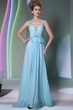 Stunning Light Blue Chiffon Zipper Scoop Sleeveless Floor Length Homecoming Dress Beading