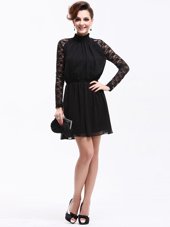 Black Chiffon Zipper High-neck Sleeveless Knee Length Teens Party Dress Lace