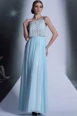 Simple Light Blue Scoop Neckline Lace Prom Gown Sleeveless Side Zipper