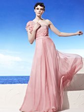 Excellent One Shoulder Sleeveless Chiffon Floor Length Side Zipper in Pink for with Beading