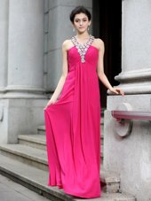 Colorful Hot Pink Criss Cross Evening Dress Beading and Ruching Sleeveless Floor Length