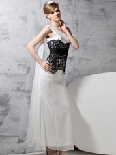 One Shoulder Sleeveless Prom Evening Gown Floor Length Lace White And Black Chiffon