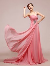 Customized Sweetheart Sleeveless Evening Dress Floor Length Beading and Ruching Watermelon Red Chiffon