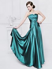 Teal Elastic Woven Satin Lace Up Dress for Prom Sleeveless Floor Length Ruching