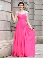 Fabulous Hot Pink Cap Sleeves Beading Floor Length Prom Dresses