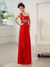 Traditional One Shoulder Red Sleeveless Beading and Appliques and Ruching Floor Length Evening Dress
