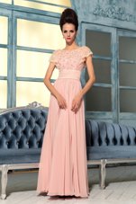 New Arrival Floor Length Pink Prom Party Dress Chiffon Cap Sleeves Lace and Hand Made Flower