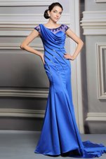 Low Price Blue Empire Scoop Sleeveless Satin Court Train Zipper Beading Prom Gown