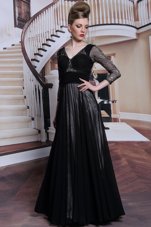 Floor Length Black Prom Dress Chiffon 3|4 Length Sleeve Beading