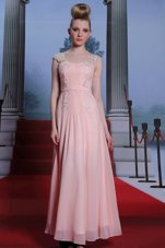 Best Baby Pink Empire Beading Prom Gown Side Zipper Chiffon Cap Sleeves Floor Length