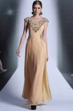 Scoop Peach Cap Sleeves Beading and Appliques Floor Length Prom Dresses