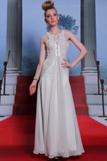 Scoop Silver Sleeveless Beading and Appliques and Ruching Floor Length Prom Party Dress