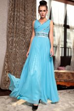 Charming Baby Blue Side Zipper V-neck Beading and Appliques and Ruching Prom Evening Gown Chiffon Sleeveless