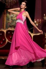 Glittering Halter Top Sleeveless Zipper Floor Length Beading and Lace Homecoming Dress