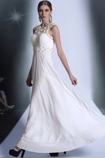 White Scoop Zipper Beading and Hand Made Flower Prom Evening Gown Sleeveless