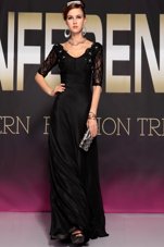 Comfortable Scoop Half Sleeves Chiffon Floor Length Backless in Black for with Lace and Ruching