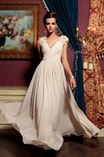 Captivating Champagne Empire Chiffon V-neck Cap Sleeves Beading and Hand Made Flower Floor Length Side Zipper Prom Gown