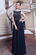 High Class Navy Blue Dress for Prom Prom and Party and For with Beading and Appliques Bateau Sleeveless Zipper