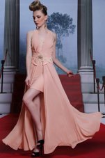 Attractive Empire Prom Party Dress Pink V-neck Chiffon Sleeveless Floor Length Clasp Handle