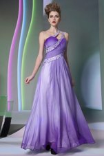 Cute One Shoulder Lavender Chiffon Side Zipper Sleeveless Floor Length Beading and Ruching