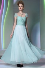 Traditional Empire Evening Dress Light Blue Sweetheart Chiffon Cap Sleeves Floor Length Side Zipper