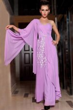 Discount Ankle Length Lilac Homecoming Dress Chiffon Half Sleeves Beading and Ruching